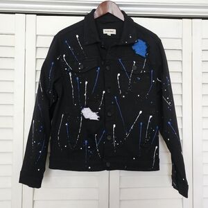 Blind Trust Paint Splatter Jean Jacket Size M Patched Shredded Black Blue White